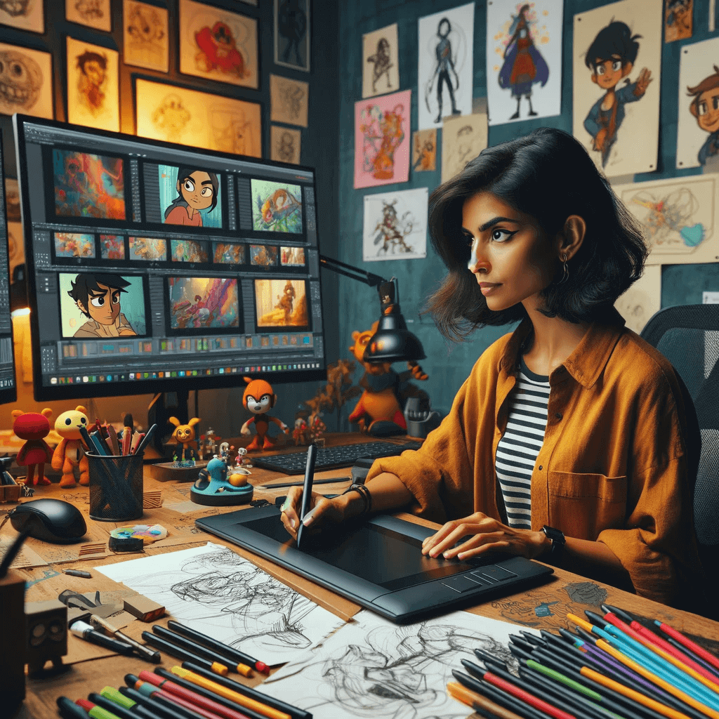 South Asian female animator in her late twenties working intently at her desk with animation tools, surrounded by sketches and animated film posters